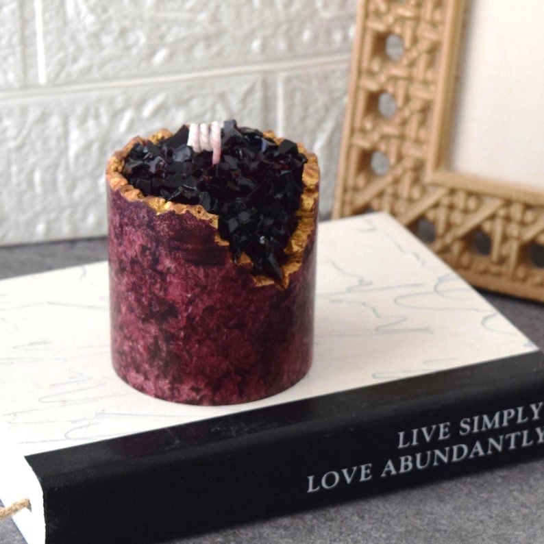 Red Crystal Geode Candle, Palm Wax Crackle Pillar, Gold Edge, Gift Set image 1