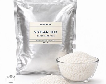 May include: A silver bag of VYBAR 103 candle additive, with a clear glass bowl and a small pile of white beads. The bag has a label with the brand name BLOOMBAY and the text "CANDLE ADDITIVE". The net weight is 1 lb. For Pillar, Votive & Molded Candles.