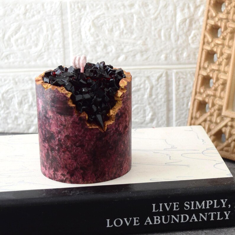 Red Crystal Geode Candle, Palm Wax Crackle Pillar, Gold Edge, Gift Set image 8