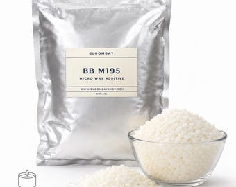 May include: A silver bag of BB M195 micro wax additive, with a clear glass bowl and a small pile of white wax beads. The bag has a label that reads "BLOOMBAY" and "NW: 1 lb". The image also includes a graphic that says "For Pillar & Taper Candles".