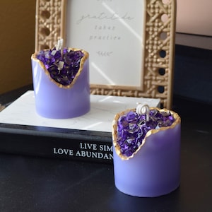 Purple Geode Candle, Crystal Inspired Wax Art Pillar, Gold Rim, Home Decor Gift