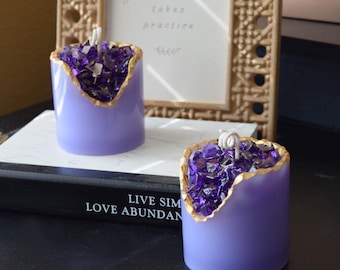 Purple Geode Candle, Crystal Inspired Wax Art Pillar, Gold Rim, Home Decor Gift