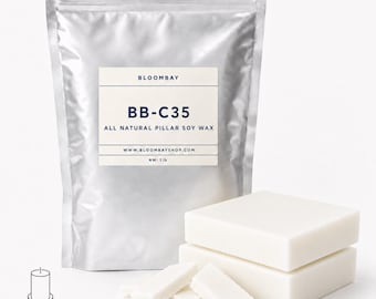 May include: A silver bag of BB-C35 all-natural pillar soy wax, with a label that includes the website address and the net weight of 1 lb. Several white wax blocks and pieces are in front of the bag. The image also includes a candle icon.
