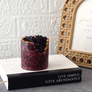 Red Crystal Geode Candle, Palm Wax Crackle Pillar, Gold Edge, Gift Set image 3