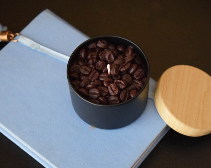 Real Coffee Scented Soy Candle in Black Jar, Realistic Coffee Bean Wax