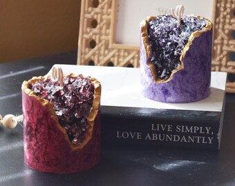 Crystal Texture Candle, Palm Wax Crackle Pillar, Red or Purple, Gift Set