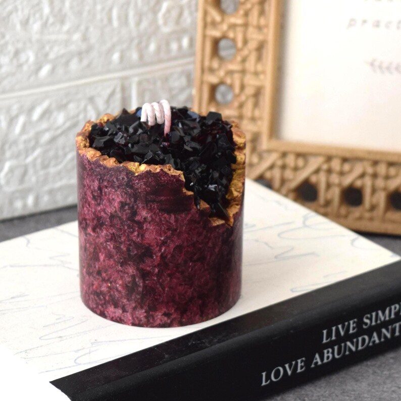 Red Crystal Geode Candle, Palm Wax Crackle Pillar, Gold Edge, Gift Set image 5