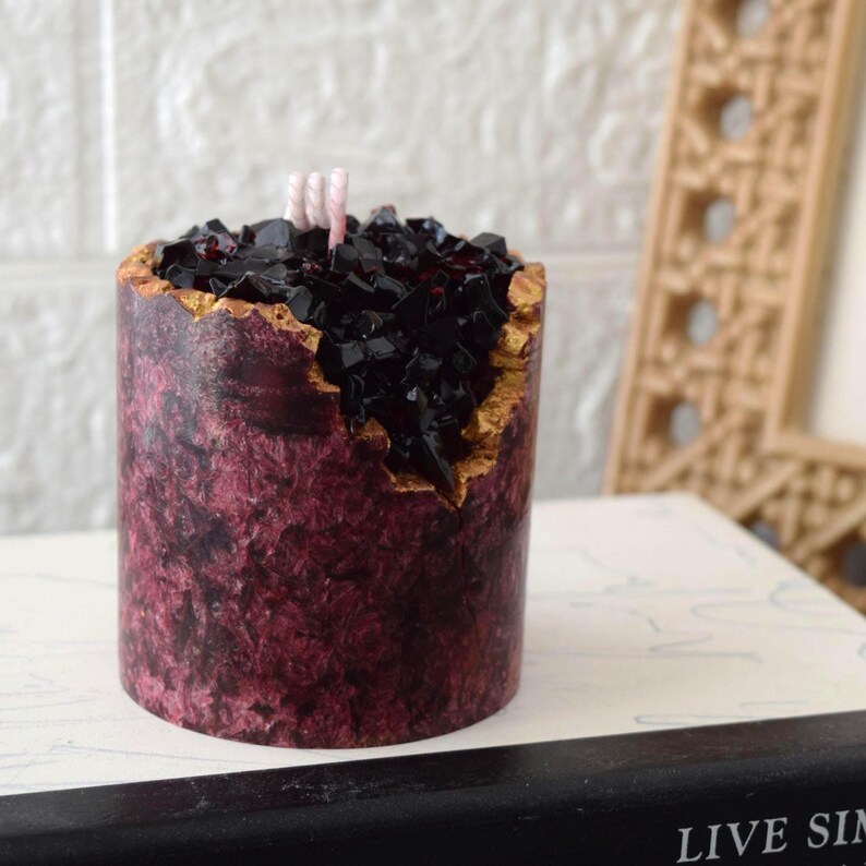 Red Crystal Geode Candle, Palm Wax Crackle Pillar, Gold Edge, Gift Set image 2