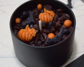 Handmade Coffee Scented Halloween Candle Pumpkin & Bats Decor