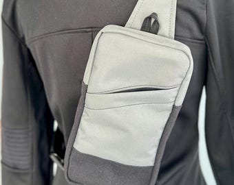 The BDH unisex sling bag in grey charcoal canvas, handmade right or left sided under-jacket crossbody to hold phone/wallet/keys