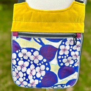 The Shiny Crossbody Bag | Purple/Pink Mod Flora Linen | Upholstery Fabric Bag | Secure Lined Travel Purse | Small Satchel Bag | Messenger