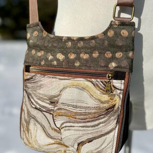 Bolso bandolera brillante / Estampado de lunares y lino con ondas marrones / Bolso de mano de tela tapizada / Monedero de viaje forrado / Cartera pequeña / Mensajero