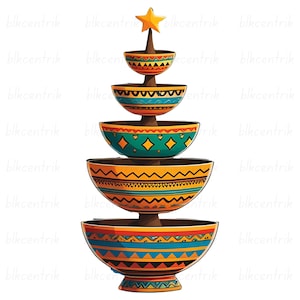 May include: A tiered serving stand with five colorful bowls, each adorned with intricate geometric patterns in shades of orange, blue, green, and yellow. A golden star tops the stand, creating a festive, decorative piece.