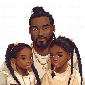 Papà nero con le sue due figlie PNG per la festa del papà etnica Clip Art Regalo Sublimazione Afro Arte grafica Melanina Goodnotes Adesivo digitale