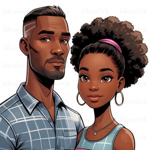 Padre nero di mezza età con figlia adolescente in formato PNG per la festa del papà, clip art regalo etnico, stampa a sublimazione, adesivo melanina con grafica afro