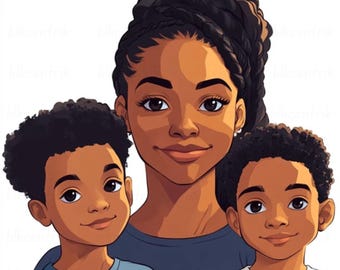 Black Mother and Two Boys PNG: Ethnic Mothers Day Clipart (Digital Download)