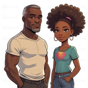 Papà nero di mezza età con figlia adolescente in formato PNG per la festa del papà, clip art con stampa a sublimazione, adesivo con melanina e grafica afro.
