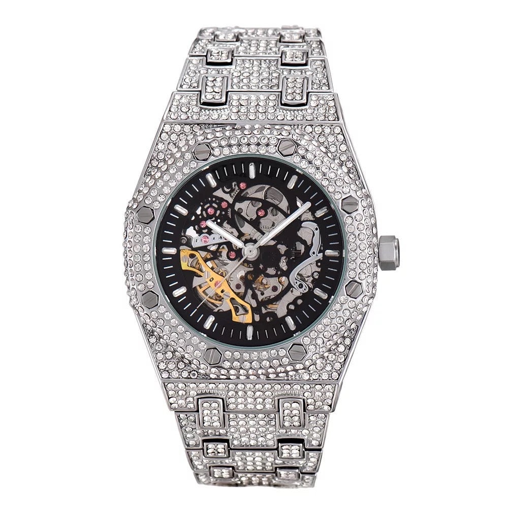 Mechanical Skeleton Iced Out Watch Gold Plated Watch Iced Custom