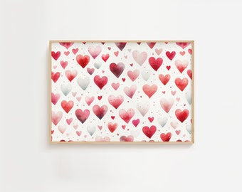 Red Hearts Watercolor Print, Valentine's Day Decor (Digital Download)