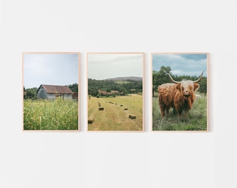 Ensemble d'impressions de paysages de ferme, vache Highland, champ de blé (téléchargement numérique)