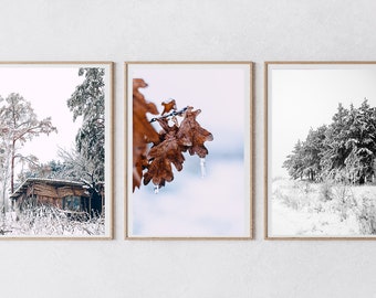 Winter Forest Gallery Wall Art Set, Schneehütte Drucke (Digitaler Download)