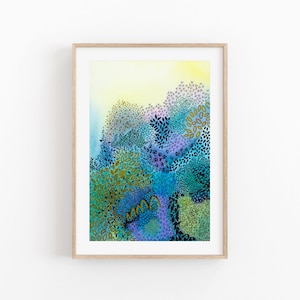 Abstract Forest Illustration in Watercolor & Ink, Colorful Green Painting, Botanical Leaves Print, Boho Wall Art Print, Green and Blue Print