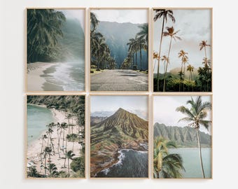 May include: A set of six framed prints featuring scenic views of a tropical island. The prints showcase lush green mountains, palm trees, beaches, and turquoise waters.