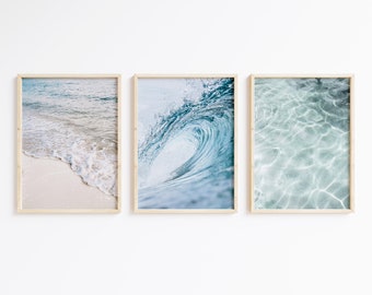 Set di 3 stampe di onde oceaniche, decorazioni murali sulla spiaggia costiera (download digitale)