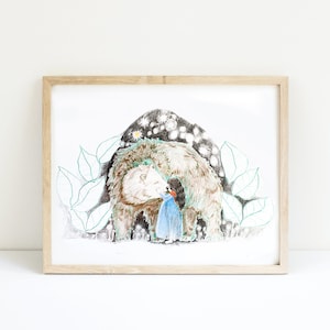 Bär & Mädchen Illustration, Kinderzimmer Kunstdruck, Babyzimmer Dekor, Tier Wandkunst, Kinder Illustration, Zeichnung Farbe Bleistift Kunst