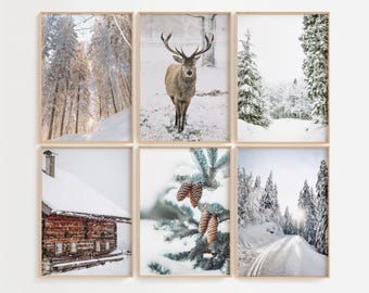 Printset winterlandschap, huisje, rendier, Scandinavisch decor (digitale download)