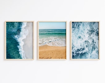 Beach Wall Art Set Of 3 Prints, Beach Three Piece Wall Art, Digital Download, Coastal Decor, Boho Printable Summer Art,Ocean Sea Waves Print