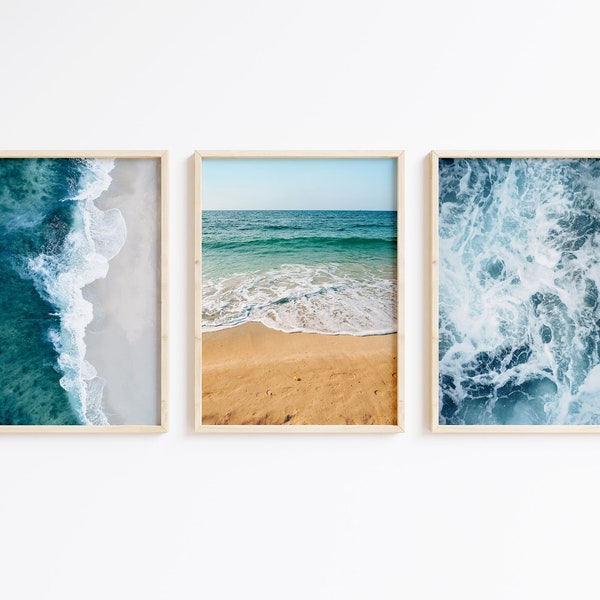 Beach Wall Art Set Of 3 Prints, Beach Three Piece Wall Art, Digital Download, Coastal Decor, Boho Printable Summer Art,Ocean Sea Waves Print