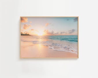 Beach Sunset Photography, Seascape Wall Art, Pastel Beach Print, Coastal Printable, Ocean Wall Art Decor, Digital Download, Horizontal Print
