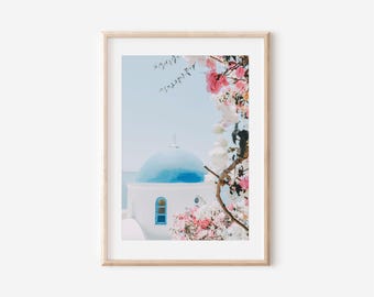 Santorini Greece Print, Pastel Architecture, City View (Digital Art)