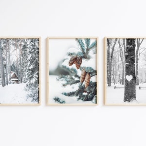 Winter Set of 3 Prints, Christmas Gallery Wall Set, Snowy Forest Cabin Print, Wonderland Art, Pine Trees Nature Poster, Nordic Printable Art