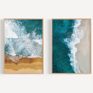 Beach Aerial Wall Art, Ocean Waves Print, Coastal Photography Set of 2, Nautical Decor, Digital Download, Tropical Seaside Poster, Blue Art
