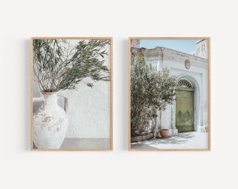 Santorini Print Set of 2, Green Olive Tree, Minimalist Mediterranean Decor (Digital Download)