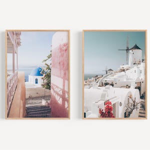 Greece Print Set of 2, Santorini Wall Art Print, Mediterranean Wall Art, Modern Minimalist Poster, Travel Pastel Wall Art, Mykonos Windmills