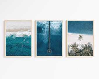 Blue Ocean Aerial Beach Print Set, Coastal Wall Art (Digital Download)