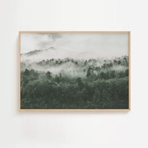 Moody Foggy Forest Landscape, Nordic Print, Green Forest Mountain Wall Art, Scandinavian Wall Decor, Modern Minimalist Poster, Digital Print