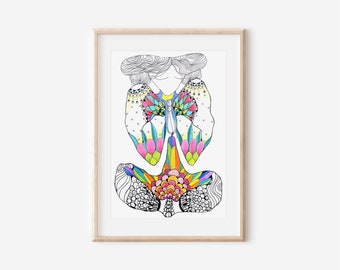 Watercolor Yoga Girl Art Print, Meditation Wall Art