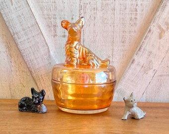 Jeannette Glass Marigold Vintage Iridescent Scottie Dog Powder Jar c.1950 Carnival Glass Dog Lover Gift