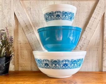 Pyrex Horizon Blue Vintage Pyrex Mixing Bowls  Mid Century Kitchen Decor 1950s Kitchen Farmhouse kitchen Housewarming Gift For Her