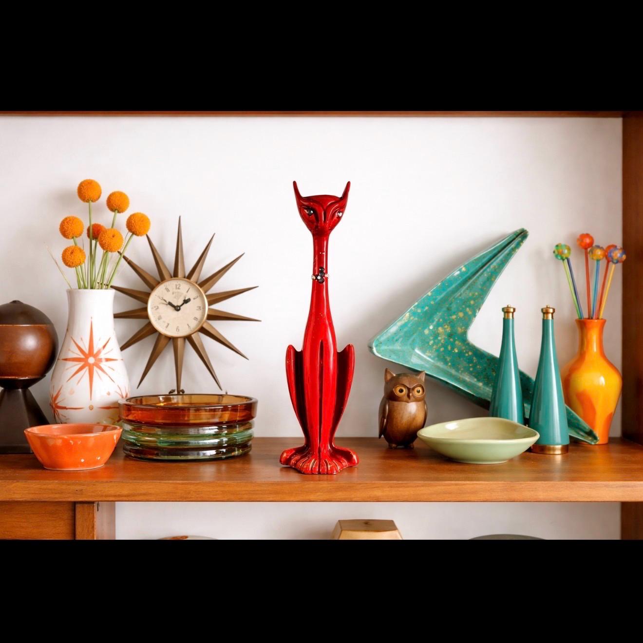 Vintage Brinns Tomato Red Long Neck Atomic Cat Figurine Made in
