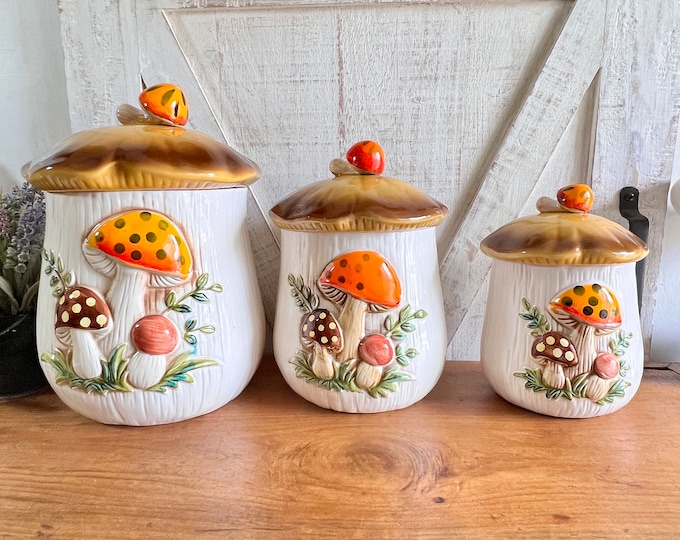 Vintage Merry Mushroom Canister set 3 pcs, outlet Sears Roebuck 1978