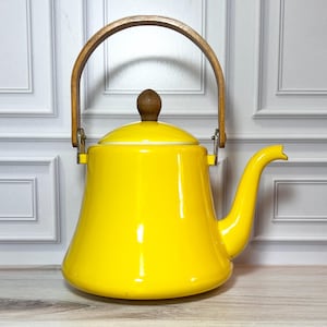 70s Yellow Enamel Gooseneck Tea Kettle