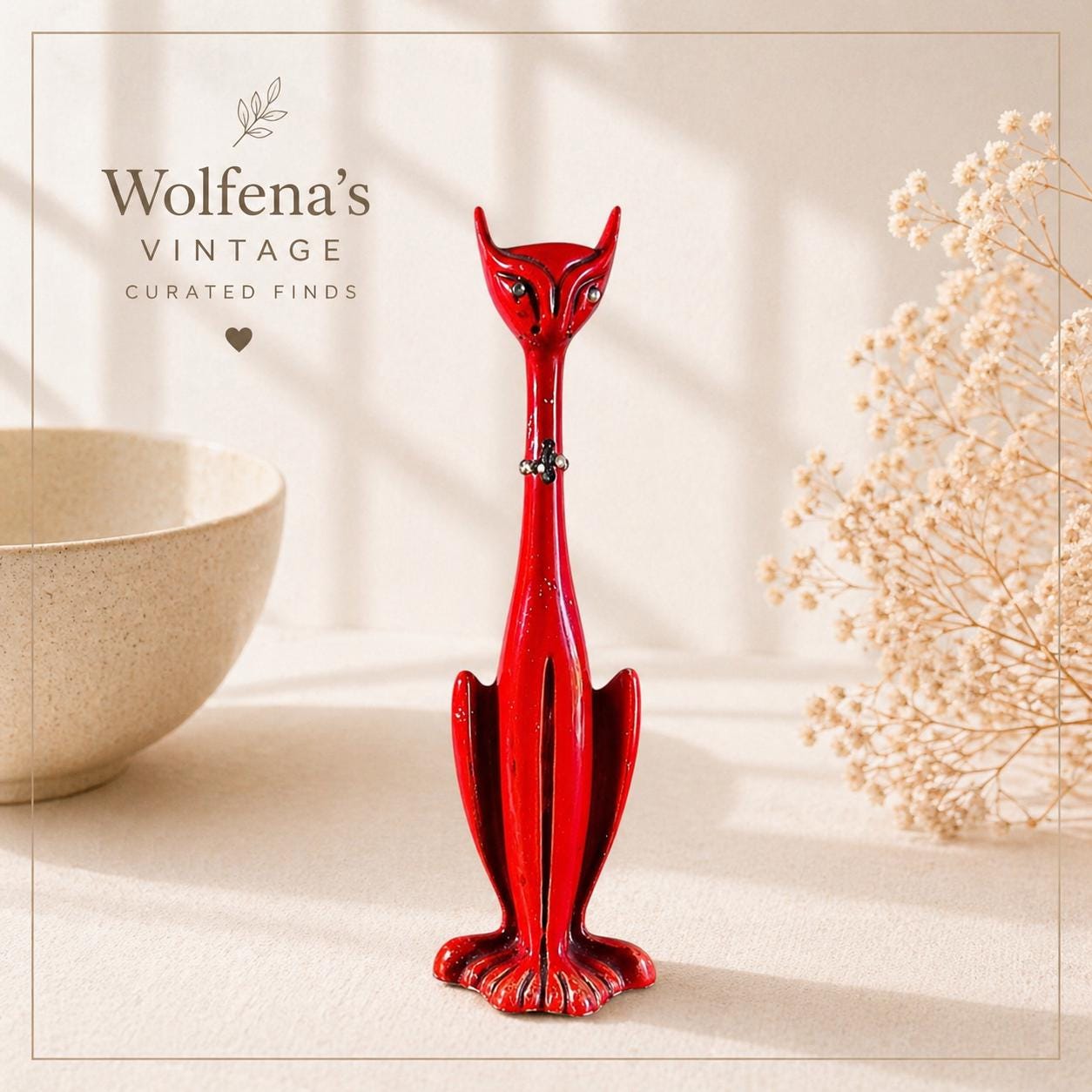 Vintage Brinn's Red Atomic Cat Figurine: Long Neck Jeweled Eyes
