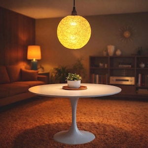 May include: A mid-century modern interior featuring a white tulip table with a small potted plant. Above, a spherical pendant light with a woven texture emits a warm yellow glow. The room has a brown carpet and a sofa.