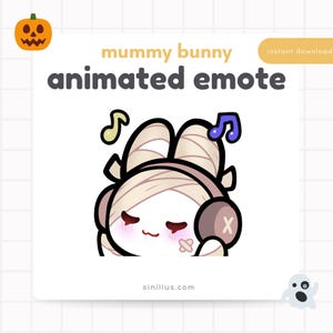 May include: An animated emote of a mummy bunny wearing headphones and bandages, with musical notes. The text "mummy bunny animated emote" is displayed in a playful font. A jack-o'-lantern and a ghost are in the corners.