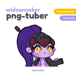 May include: A cartoon illustration of Widowmaker from Overwatch, a popular video game. She is depicted in a chibi style with large eyes and a purple ponytail. She is wearing her signature black and red suit and holding her weapon, a sniper rifle. The image is labeled "widowmaker png-tuber" and includes the text "etsy/sinillus".